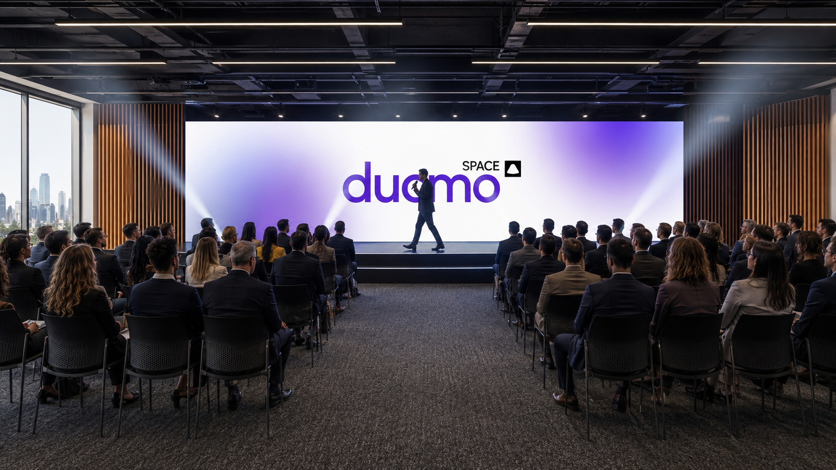 Auditório do Duomo Space montado com telão iluminado em roxo e cadeiras em fileira