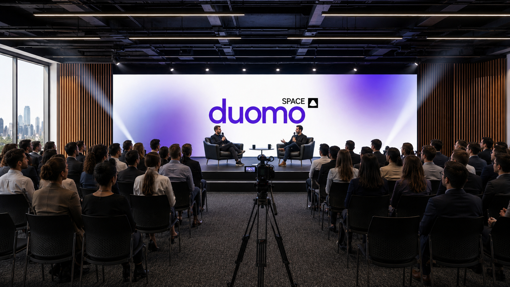 Palco com podcast ao vivo e plateia sentada no espaço de eventos Duomo Space